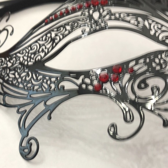 Black Metal Masquerade Mask with Red Rhinestones Handmade - Picture 12 of 17